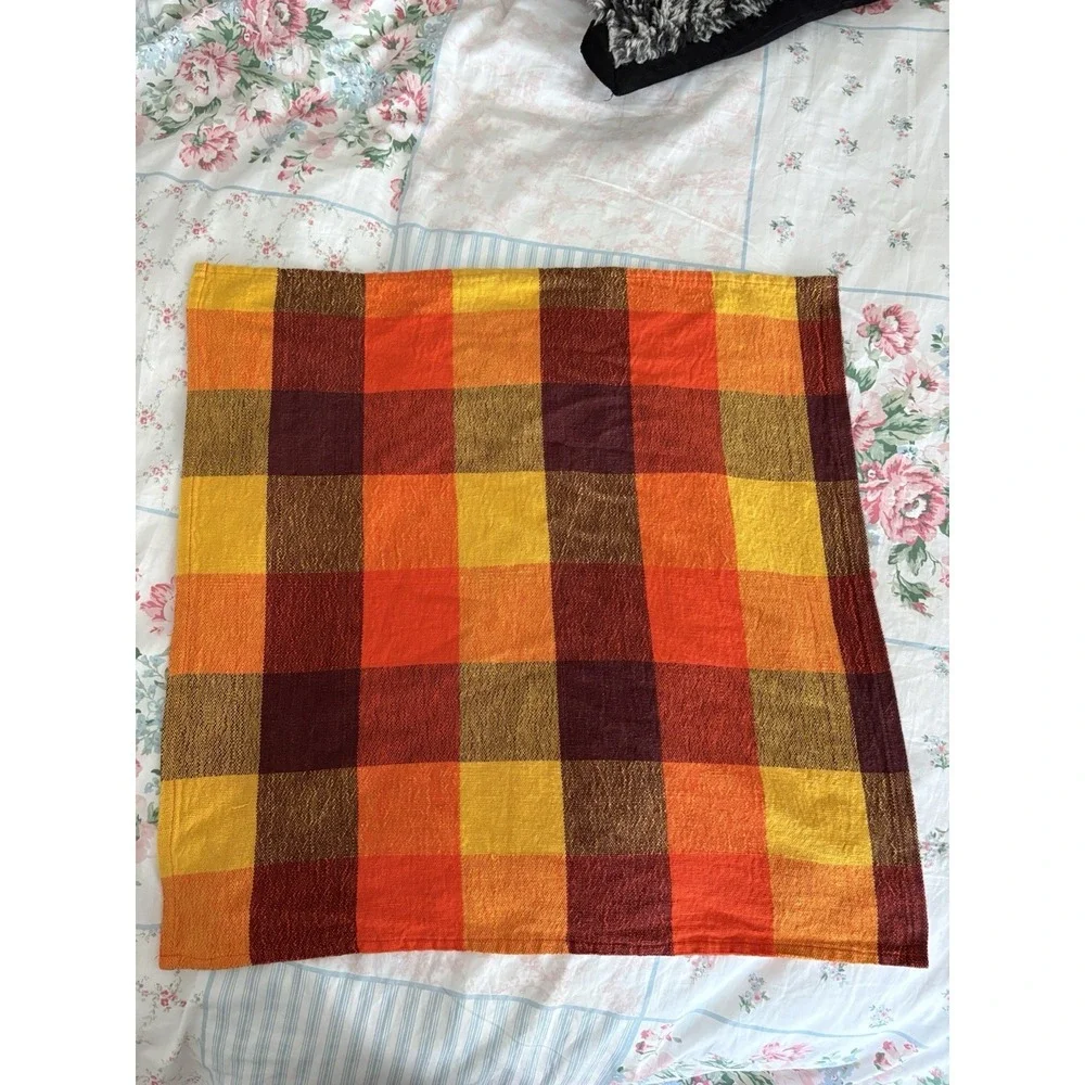 1 Vintage MCM Plaid Orange Yellow Napkin Hand Towel Square Tablecloth 22